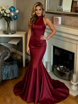 Burgundy Mermaid Satin Halter Prom Dress