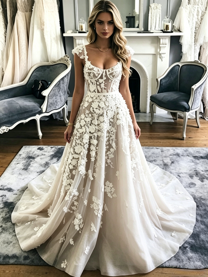 Tulle Lace Appliques Straps Wedding Dress