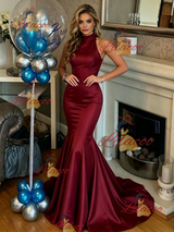 Burgundy Mermaid Satin Halter Prom Dress