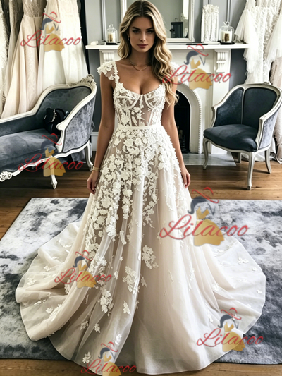 Tulle Lace Appliques Straps Wedding Dress