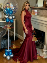 Burgundy Mermaid Satin Halter Prom Dress