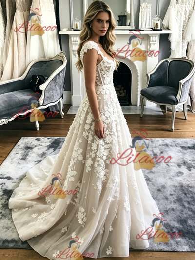 Tulle Lace Appliques Straps Wedding Dress