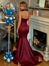 Burgundy Mermaid Satin Halter Prom Dress
