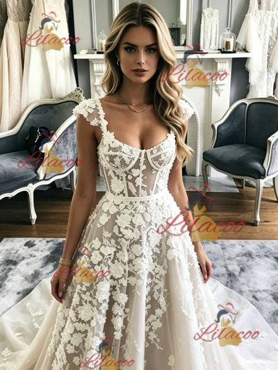 Tulle Lace Appliques Straps Wedding Dress