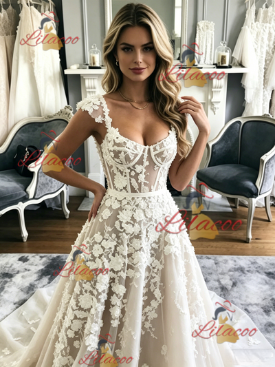 Tulle Lace Appliques Straps Wedding Dress