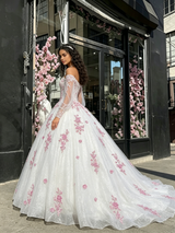 White Tulle Long Sleeve Appliques Quinceanera Dress