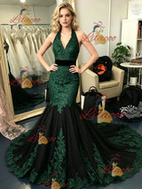 Black Mermaid Tulle Straps Lace Prom Dress