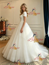 Beige White Tulle Square Neck Short Sleeve Wedding Dress