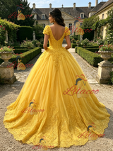 Yellow Tulle V-neck Cap Sleeve Appliques Quinceanera Dress