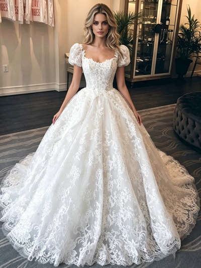 White Lace Puff Sleeve Wedding Dress