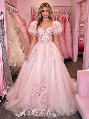 Pink Tulle Puff Sleeve Appliques Prom Dress