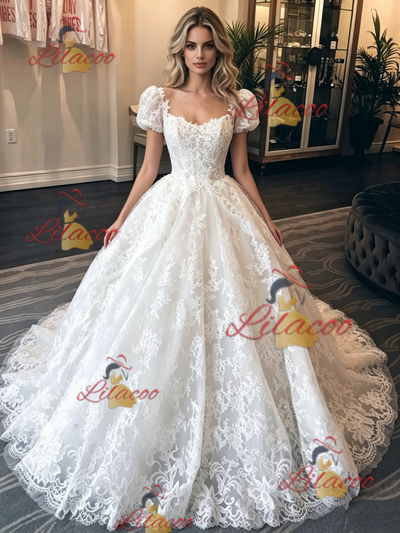 White Lace Puff Sleeve Wedding Dress
