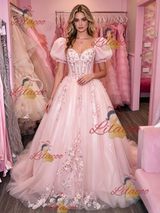 Pink Tulle Puff Sleeve Appliques Prom Dress