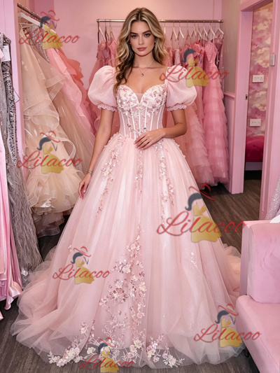 Pink Tulle Puff Sleeve Appliques Prom Dress