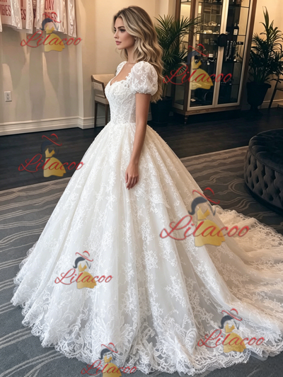 White Lace Puff Sleeve Wedding Dress