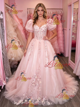 Pink Tulle Puff Sleeve Appliques Prom Dress