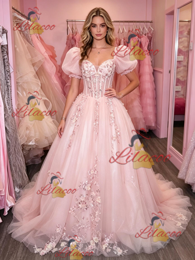 Pink Tulle Puff Sleeve Appliques Prom Dress