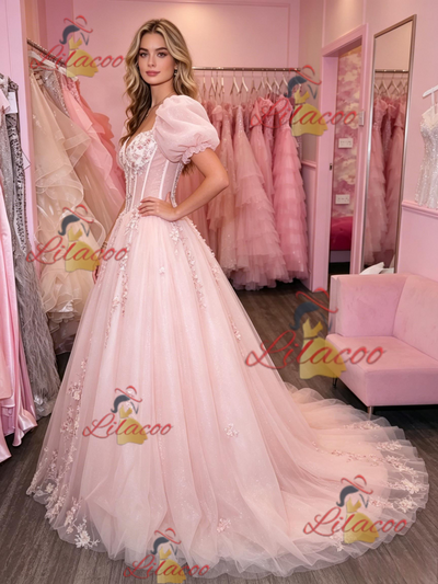 Pink Tulle Puff Sleeve Appliques Prom Dress