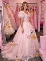 Pink Tulle Puff Sleeve Appliques Prom Dress