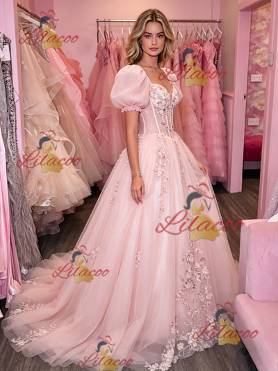 Pink Tulle Puff Sleeve Appliques Prom Dress