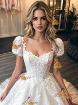 White Lace Puff Sleeve Wedding Dress