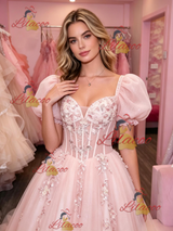 Pink Tulle Puff Sleeve Appliques Prom Dress