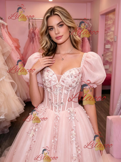 Pink Tulle Puff Sleeve Appliques Prom Dress