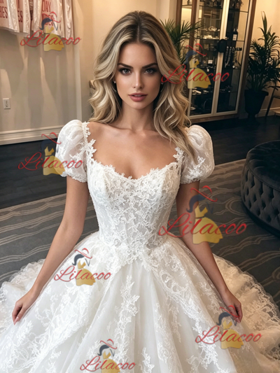 White Lace Puff Sleeve Wedding Dress