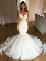 White Mermaid Spaghetti Straps Lace Wedding Dress