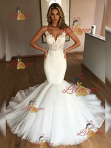 White Mermaid Spaghetti Straps Lace Wedding Dress