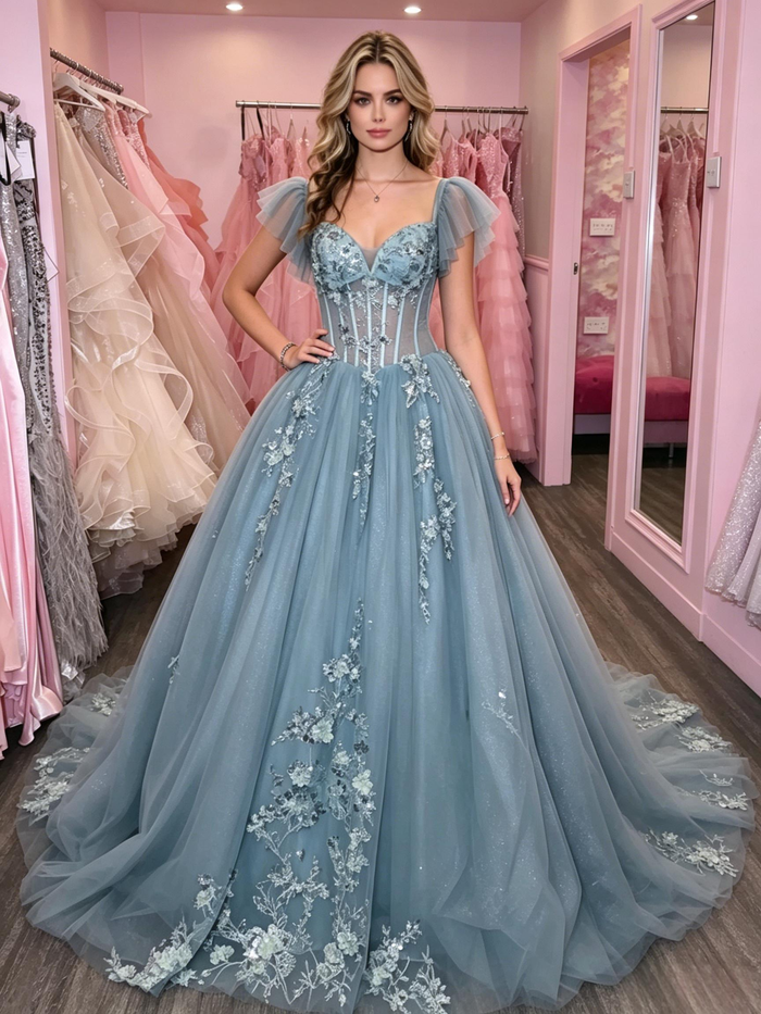 Blue Tulle Straps Appliques Prom Dress