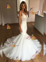 White Mermaid Spaghetti Straps Lace Wedding Dress