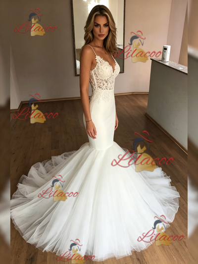 White Mermaid Spaghetti Straps Lace Wedding Dress