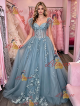 Blue Tulle Straps Appliques Prom Dress