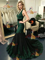 Black Mermaid Tulle Straps Lace Prom Dress