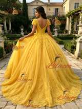 Yellow Tulle V-neck Cap Sleeve Appliques Quinceanera Dress