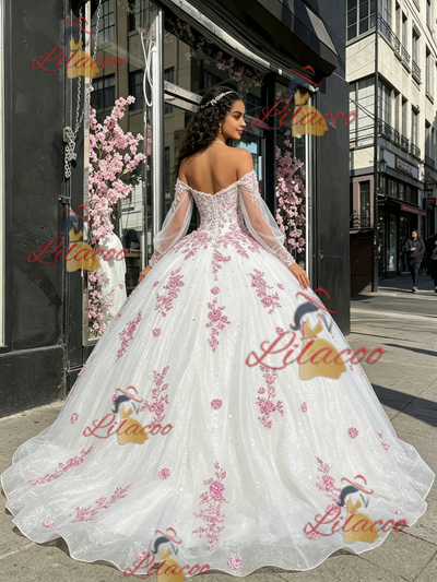 White Tulle Long Sleeve Appliques Quinceanera Dress