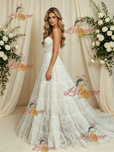 White Lace Strapless Wedding Dress