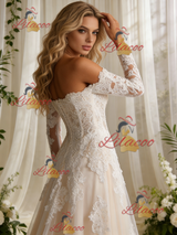 White Tulle Lace Long Sleeve Wedding Dress