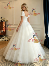 Beige White Tulle Square Neck Short Sleeve Wedding Dress