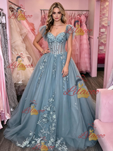 Blue Tulle Straps Appliques Prom Dress