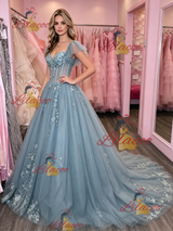Blue Tulle Straps Appliques Prom Dress