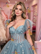 Blue Tulle Straps Appliques Prom Dress