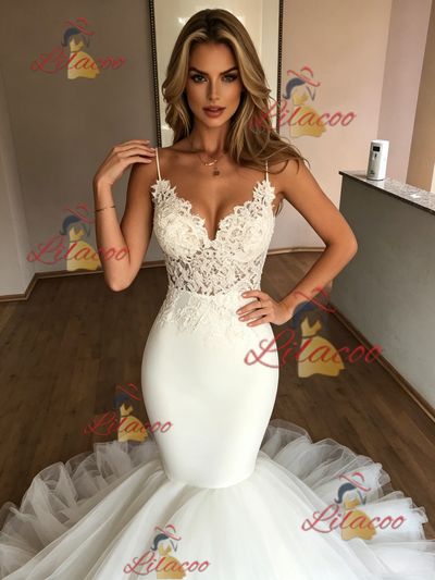 White Mermaid Spaghetti Straps Lace Wedding Dress