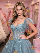 Blue Tulle Straps Appliques Prom Dress
