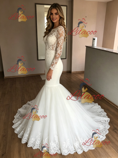 White Mermaid Tulle Lace Long Sleeve Wedding Dres