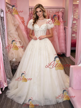 Apricot Tulle Puff Sleeve Appliques Prom Dress