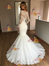 White Mermaid Tulle Lace Long Sleeve Wedding Dres