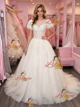 Apricot Tulle Puff Sleeve Appliques Prom Dress