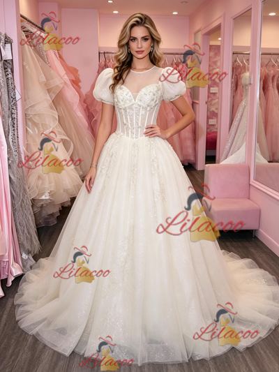 Apricot Tulle Puff Sleeve Appliques Prom Dress